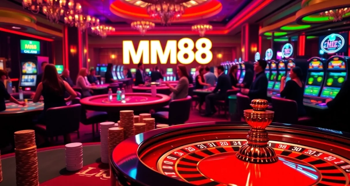 Experience thrilling gameplay at MM88's vibrant casino, featuring roulette and poker tables.
