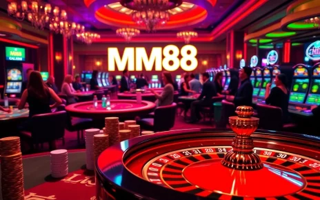 Experience thrilling gameplay at MM88's vibrant casino, featuring roulette and poker tables.