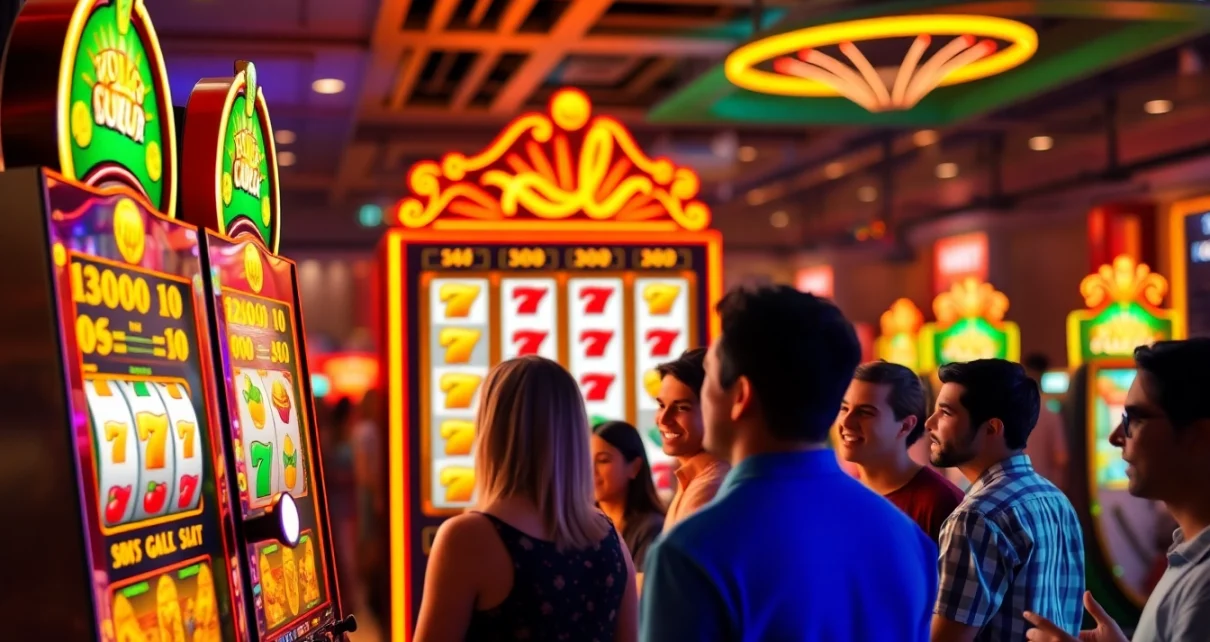 Players enjoying the thrill of doaslot slot machine in a lively casino atmosphere.