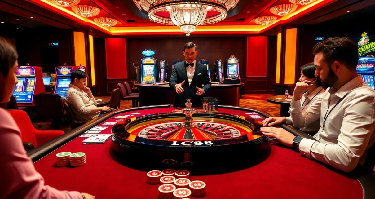 Players placing bets at the luxurious LC88 casino gaming table with lively atmosphere.