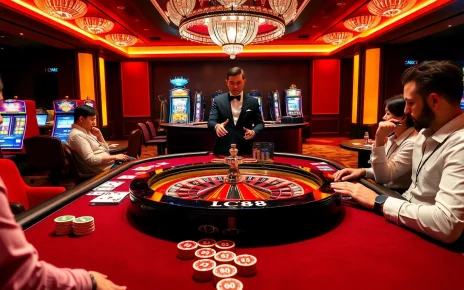 Players placing bets at the luxurious LC88 casino gaming table with lively atmosphere.