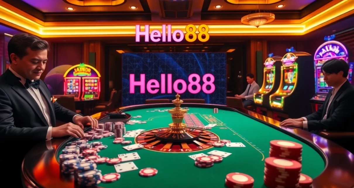 Hello88 casino scene featuring roulette, cards, and slot machines that evoke excitement.