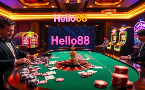 Hello88 casino scene featuring roulette, cards, and slot machines that evoke excitement.