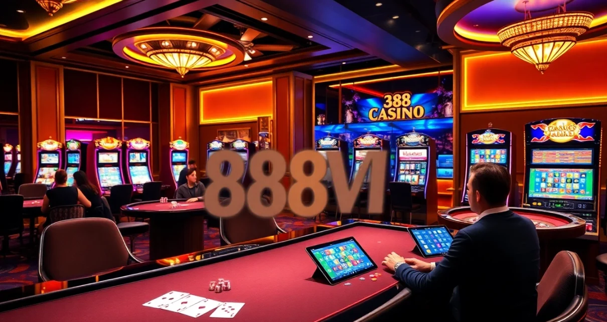 Gamblers enjoying an exciting game at 888VI online casino with vibrant slot machines.