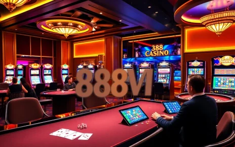Gamblers enjoying an exciting game at 888VI online casino with vibrant slot machines.