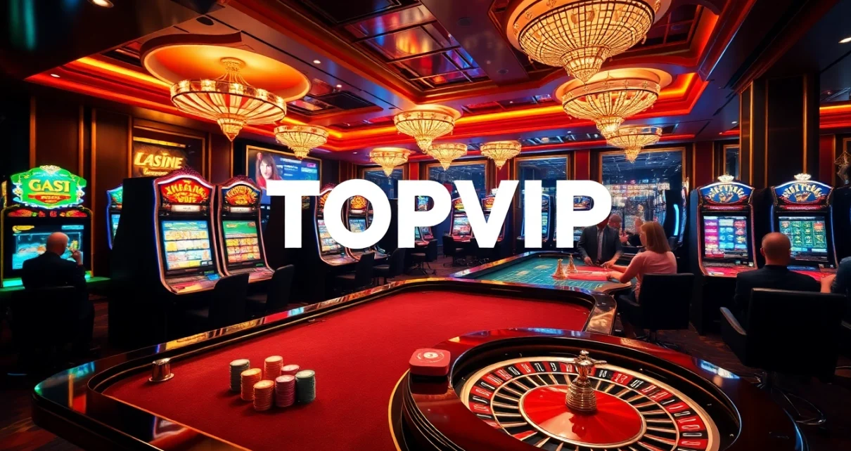 TOPVIP players enjoying a thrilling experience at elegant casino tables with vibrant slot machines.