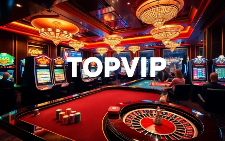 TOPVIP players enjoying a thrilling experience at elegant casino tables with vibrant slot machines.