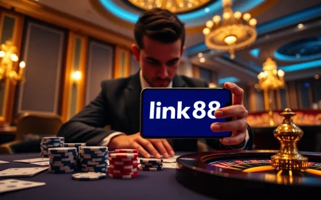 Experience the excitement of gaming at link xx88 with an elegant casino scene featuring poker chips and cards.