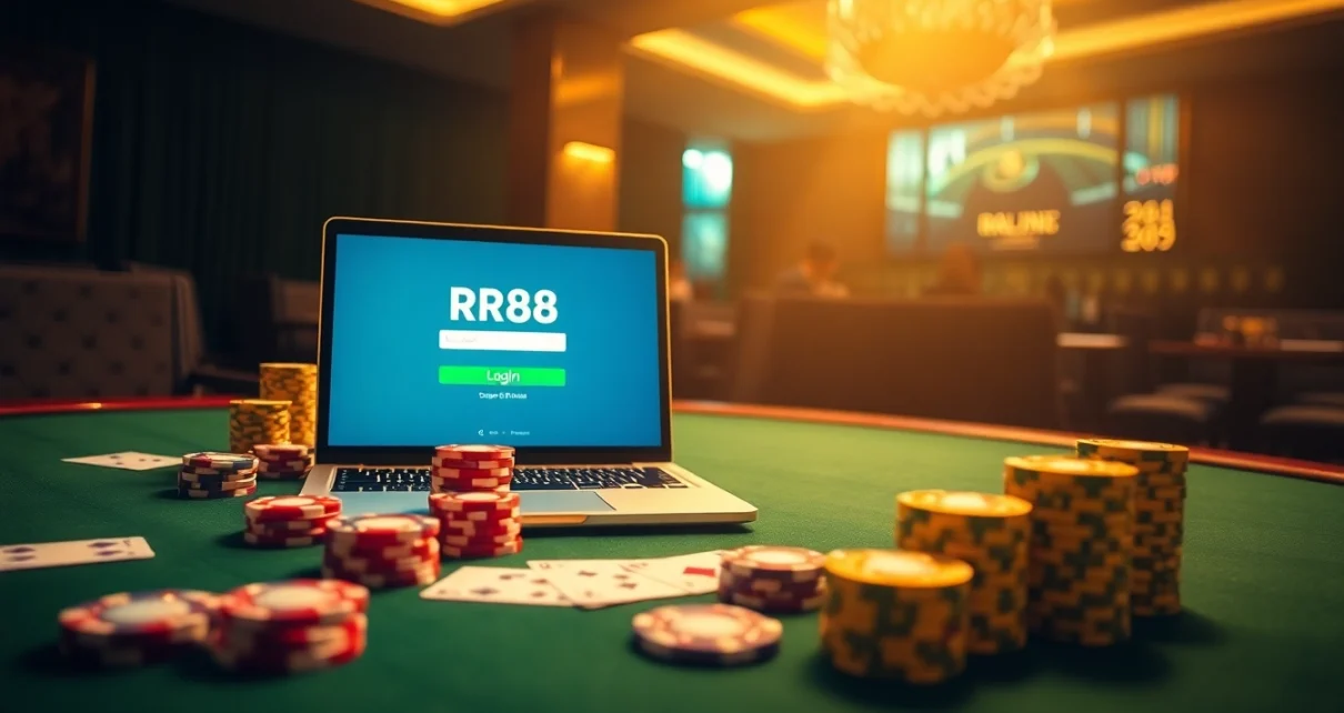 rr88 đăng nhập on a luxurious online casino interface with casino chips and cards
