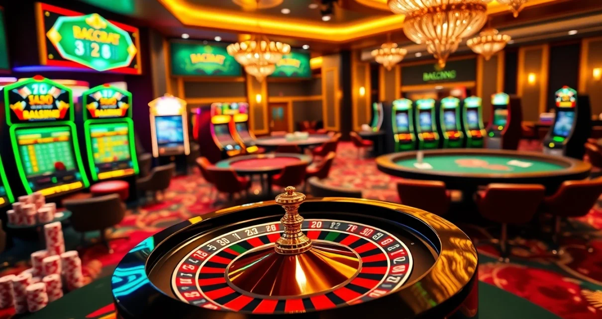 Experience the excitement of new888 with a luxurious online casino scene featuring gaming tables and slot machines.