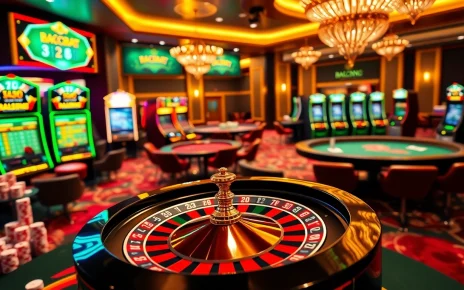 Experience the excitement of new888 with a luxurious online casino scene featuring gaming tables and slot machines.