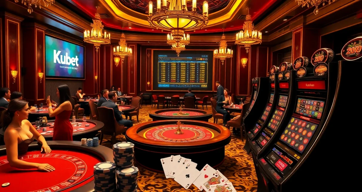 Kubet casino scene with elegant tables, thrilling players, and vibrant betting odds.