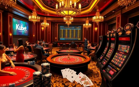 Kubet casino scene with elegant tables, thrilling players, and vibrant betting odds.