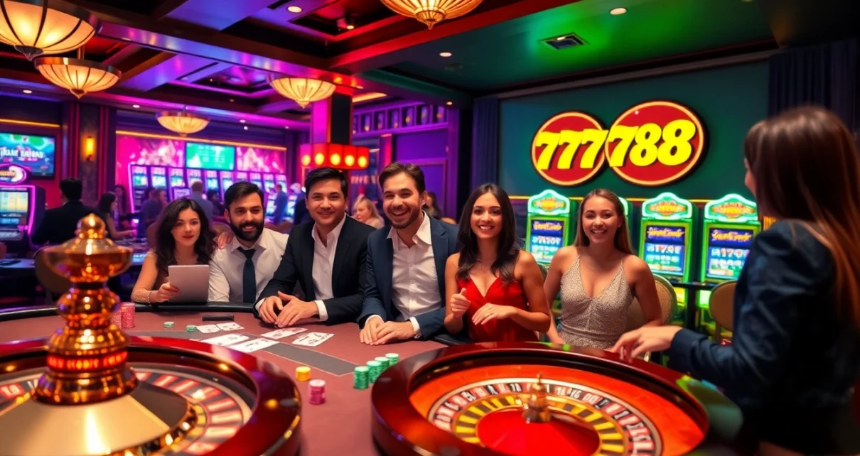 Gamblers enjoying a vibrant casino atmosphere featuring poker, roulette, and slot machines at 789 win.