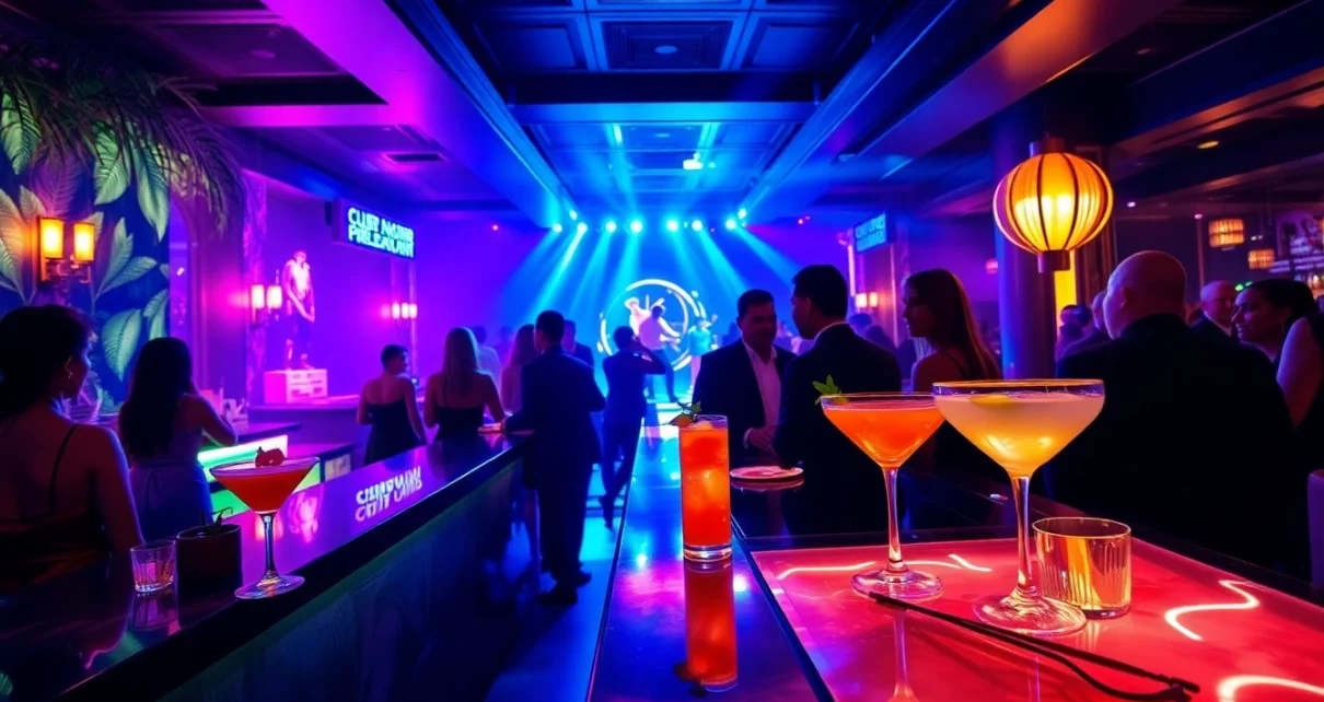 Vibrant nightlife at Club Noir SXM, showcasing elegant atmosphere and stylish guests enjoying cocktails.