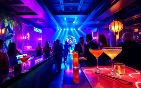 Vibrant nightlife at Club Noir SXM, showcasing elegant atmosphere and stylish guests enjoying cocktails.