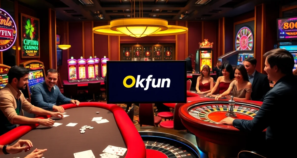 Players enjoying a thrilling game at Okfun's luxury casino with vibrant slot machines and poker tables.