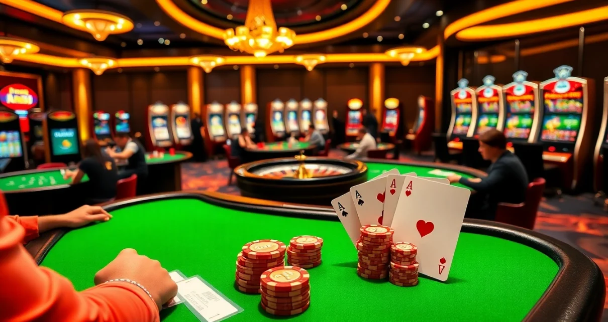 Engaged players enjoying games on https://ax88.com.de/ in a vibrant casino setting with poker chips and cards.