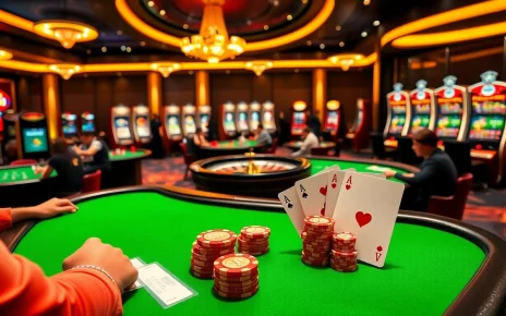 Engaged players enjoying games on https://ax88.com.de/ in a vibrant casino setting with poker chips and cards.