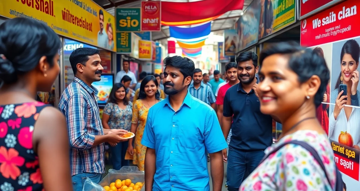 Vibrant marketplace scene highlighting Hela Ads with diverse people interacting and colorful advertisements.