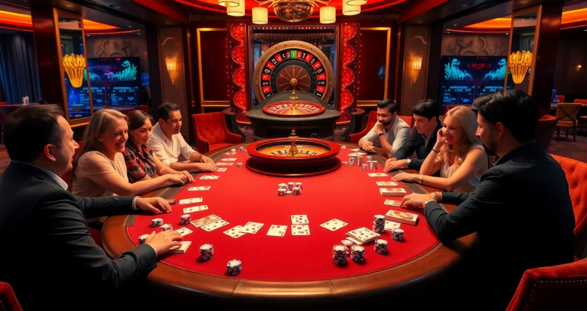 Players enjoy a thrilling game of poker at 789bet's luxurious casino table, showcasing excitement and strategy.