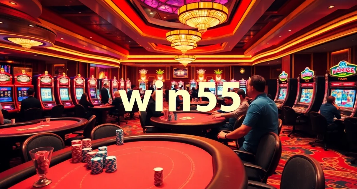 win55 players at a luxurious casino celebrating during exciting gaming sessions.