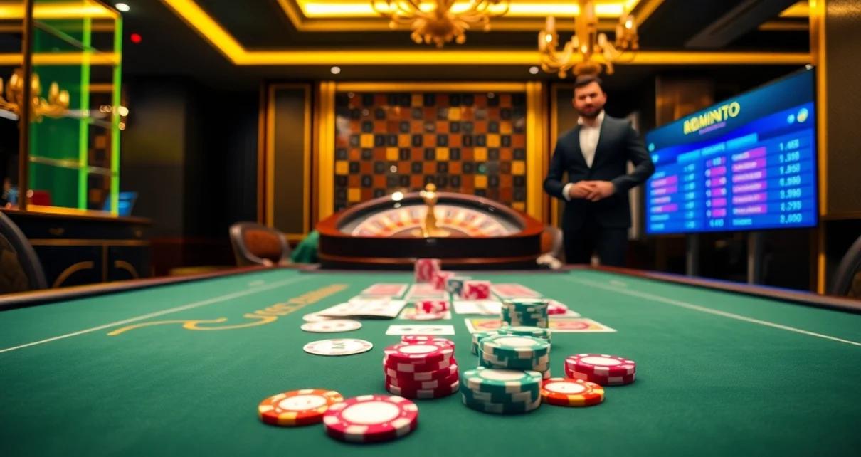 Players engaging in a thrilling game at LC88 casino, featuring poker chips and a roulette wheel.