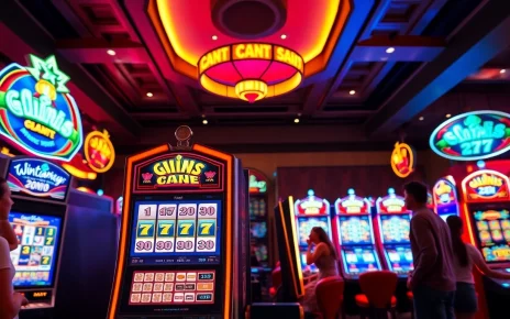 Permainan slot gacor dengan mesin berwarna cerah dan pemain bahagia di kasino.