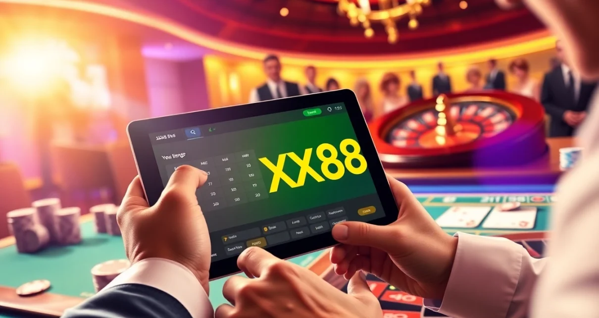 Betting action at XX88, showcasing a digital casino experience with vibrant poker chips and roulette.