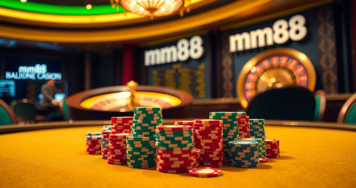 Experience high-stakes gaming at mm88 with elegant poker tables and vibrant casino ambiance.