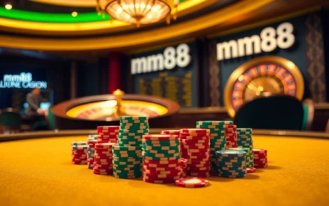 Experience high-stakes gaming at mm88 with elegant poker tables and vibrant casino ambiance.