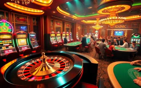 KJC casino scene with roulette, slot machines, and players immersed in thrilling games.