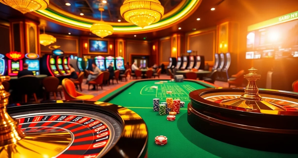 A vibrant casino scene with roulette and poker, reflecting the excitement of https://789win.associates/ for gamers.