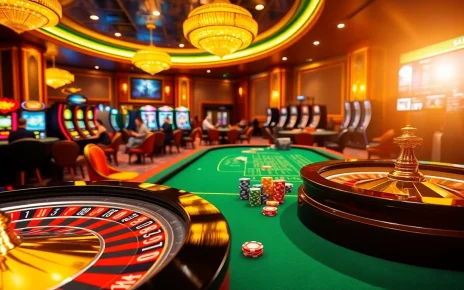 A vibrant casino scene with roulette and poker, reflecting the excitement of https://789win.associates/ for gamers.