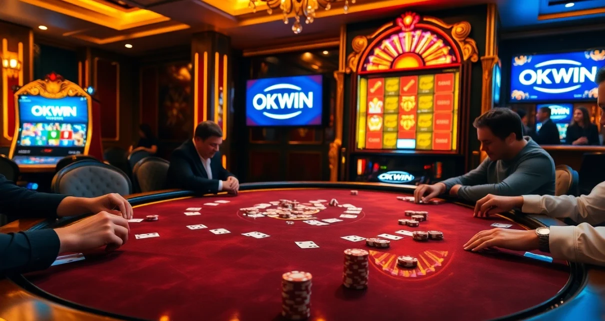 Players enjoying poker at an elegant OKWIN casino table, surrounded by vibrant slot machines.