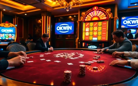 Players enjoying poker at an elegant OKWIN casino table, surrounded by vibrant slot machines.