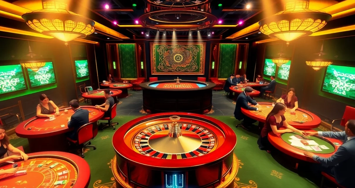 Players engaging at a casino table with Hello88 branding, showcasing thrilling gambling action.