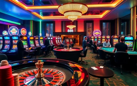 The excitement of winning at u 888, showcasing stylish casino tables, vibrant slot machines, and engaged players.