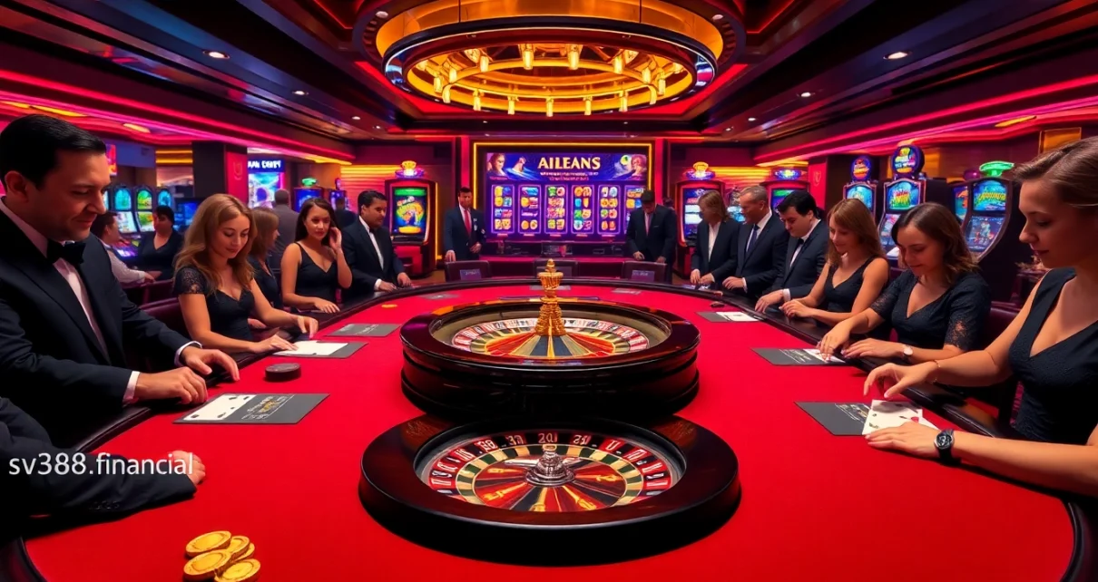 Experience thrilling gameplay at sv388.financial's luxurious casino, featuring poker chips and roulette action.
