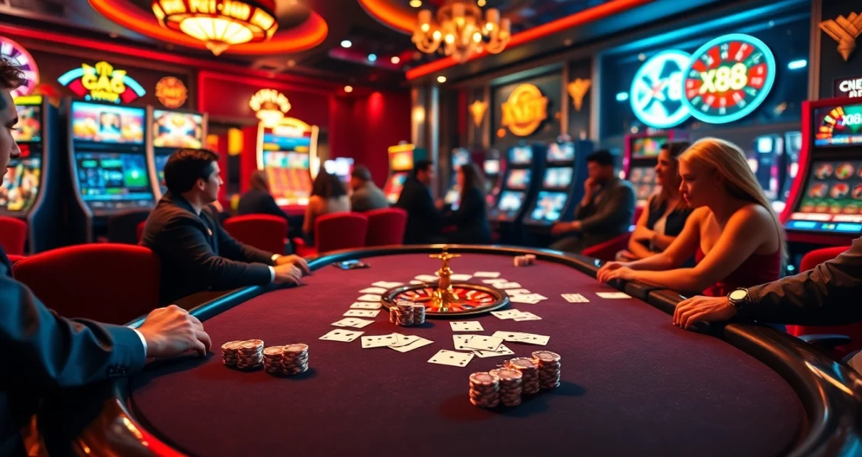Experience the thrill of the casino with X88 as players engage in poker and roulette.