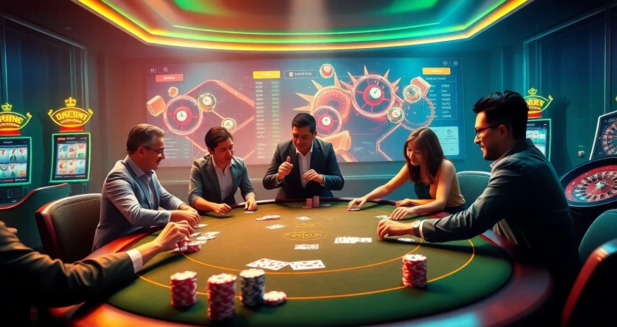 Experience the excitement of casino gaming with "tải app 8xbet" through vivid poker scenes and modern interfaces.