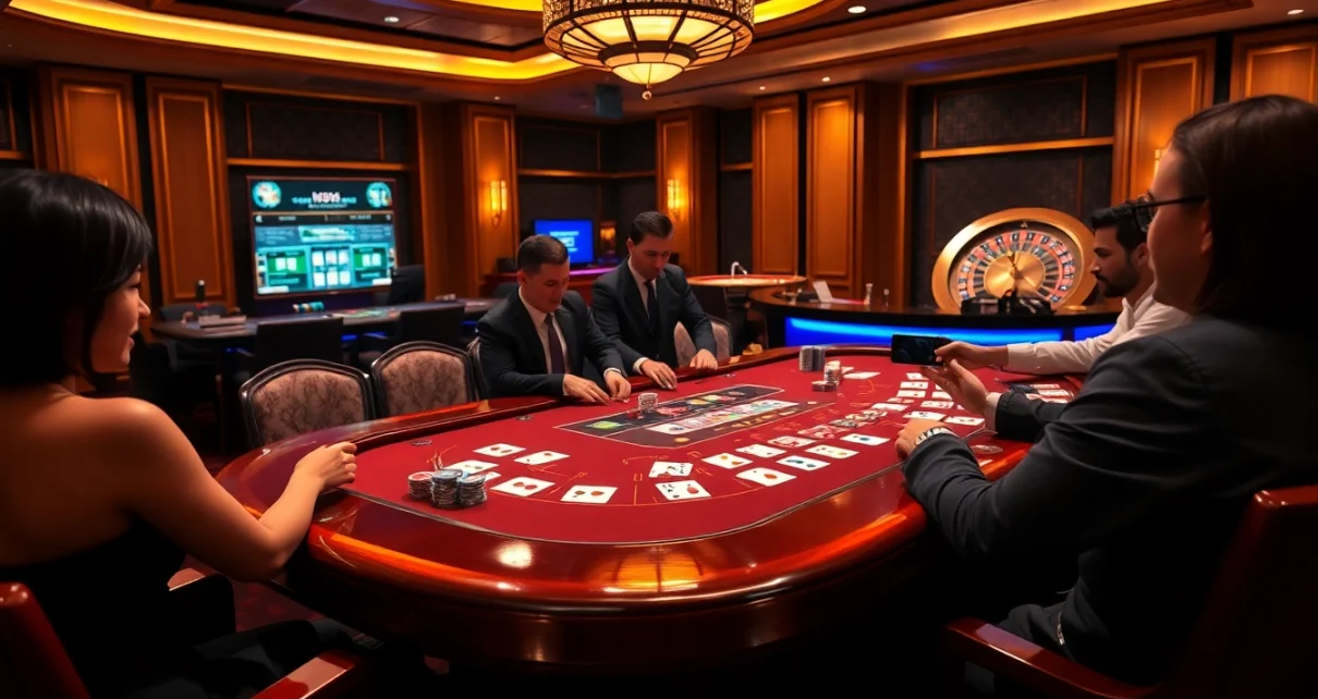 Engaged players at a luxurious blackjack table with vibrant chips, showcasing excitement from https://nh8833.com/.