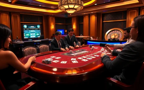 Engaged players at a luxurious blackjack table with vibrant chips, showcasing excitement from https://nh8833.com/.