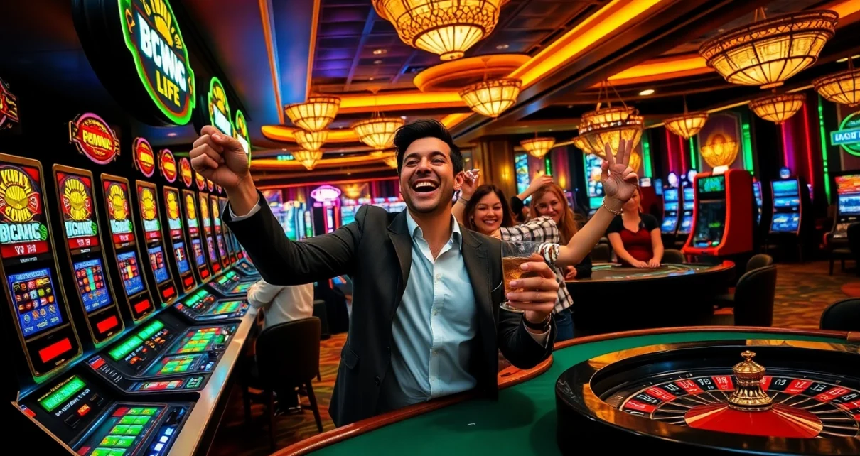 Excited players winning at slot machines inspired by https://www.6slots8.com/ in a vibrant casino atmosphere.
