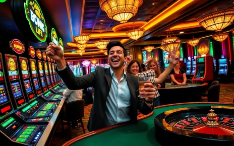 Excited players winning at slot machines inspired by https://www.6slots8.com/ in a vibrant casino atmosphere.