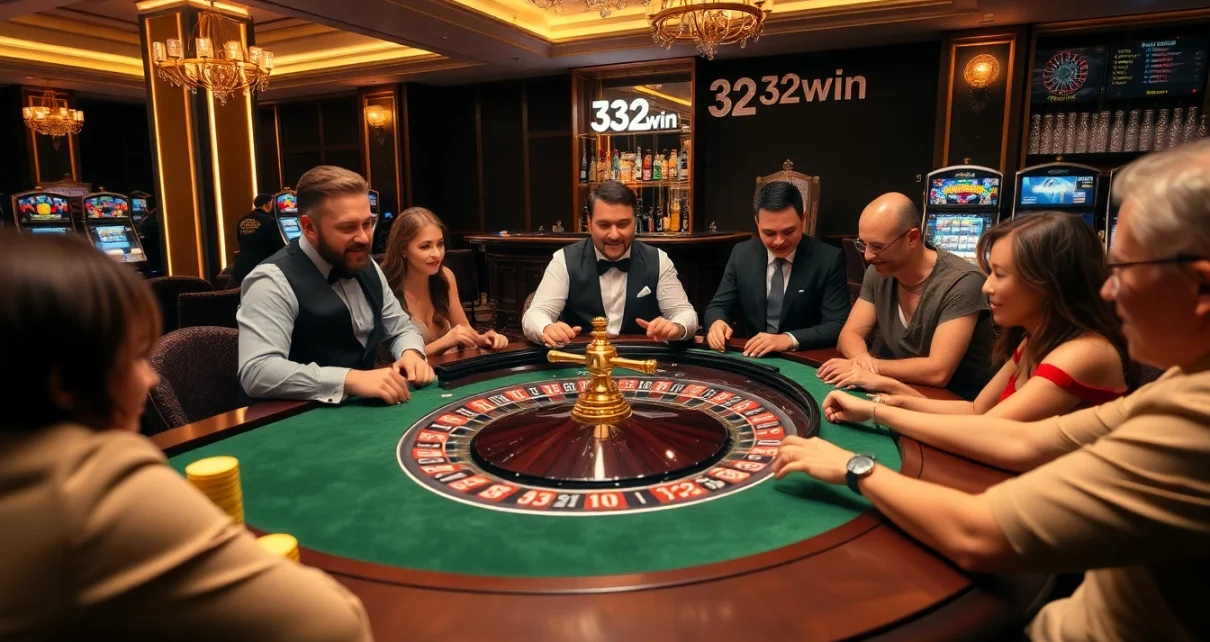 32win players excitedly gambling at a luxurious casino with poker chips and slot machines.