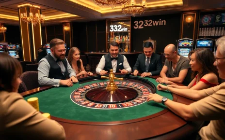 32win players excitedly gambling at a luxurious casino with poker chips and slot machines.