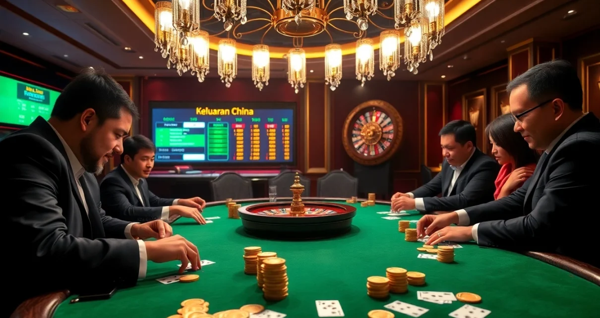 Gambling scene with a poker game featuring keluaran china results displayed prominently.