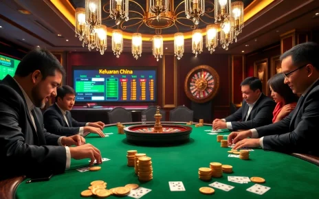 Gambling scene with a poker game featuring keluaran china results displayed prominently.