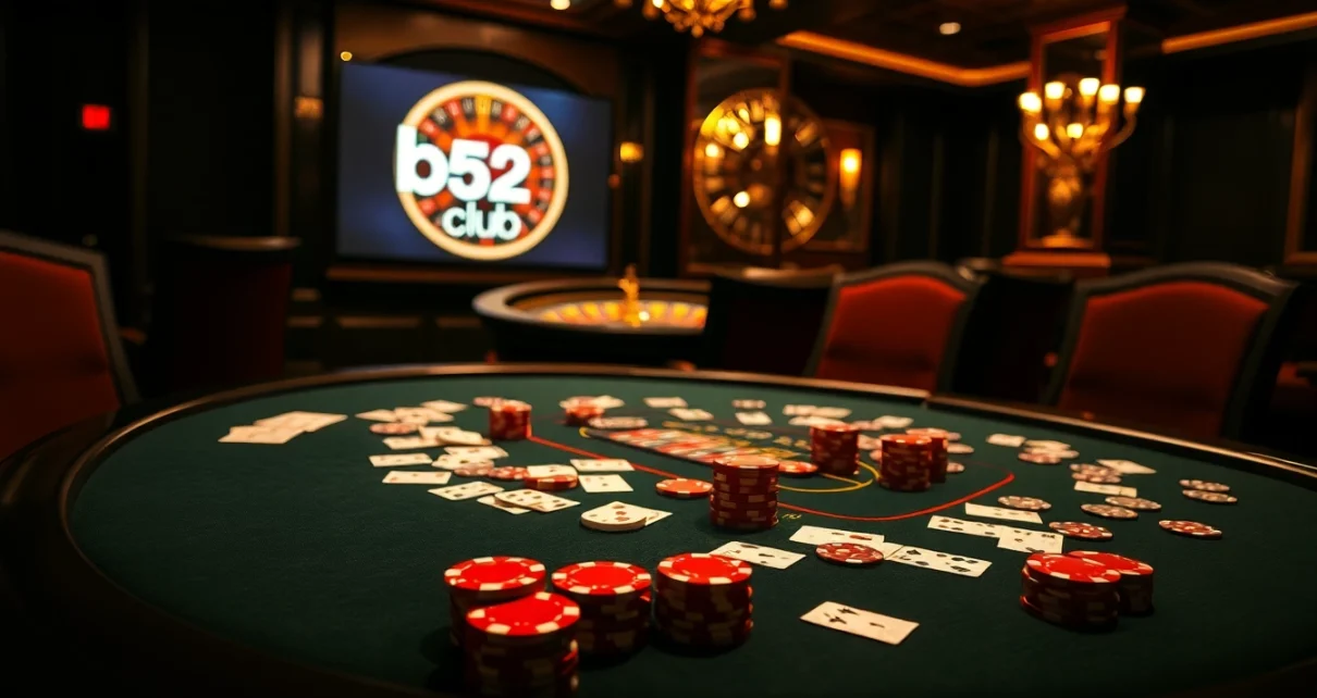Bets being placed at the b52club .poker table with cards and colorful poker chips in a luxurious casino setting.